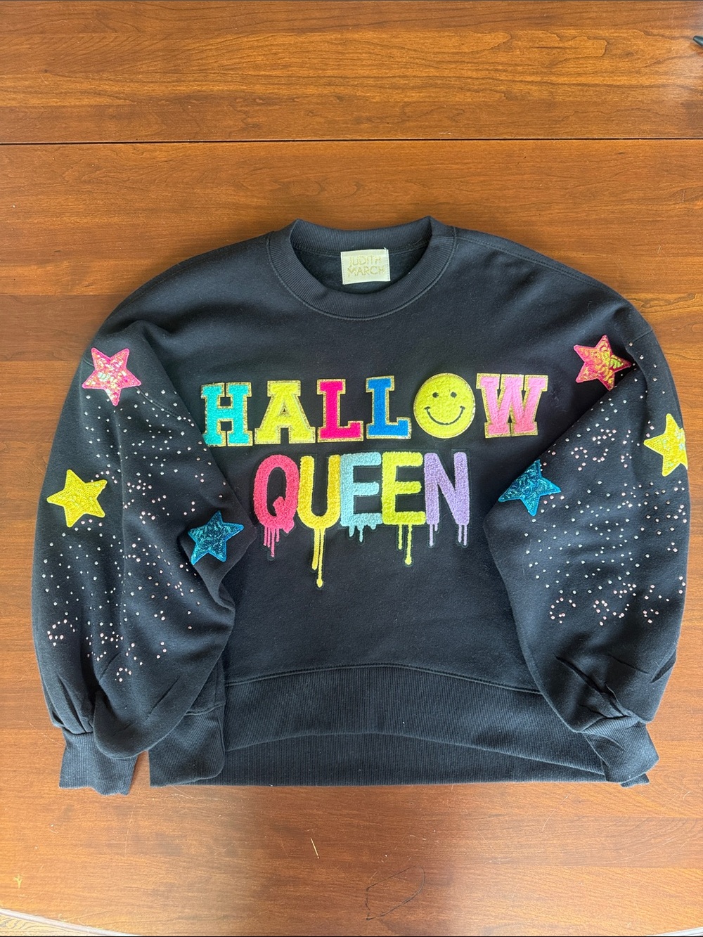 Judith March Hallow Queen Black Graphic Sweatshirt Sparkle Stars Size Small